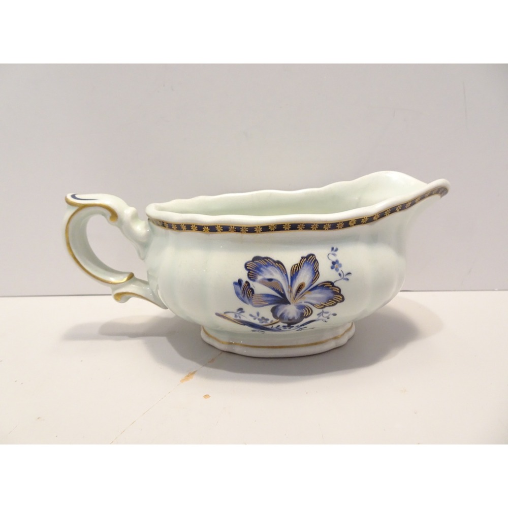 Rorstrand Sweden Gravy Boat Blue Floral Iris Gold Gilt Scalloped Porcelain